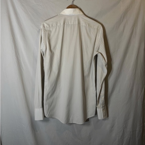 Zara Medium Mens Button Front Shirt Button Up Front Collared White Beige Striped - Picture 2 of 5